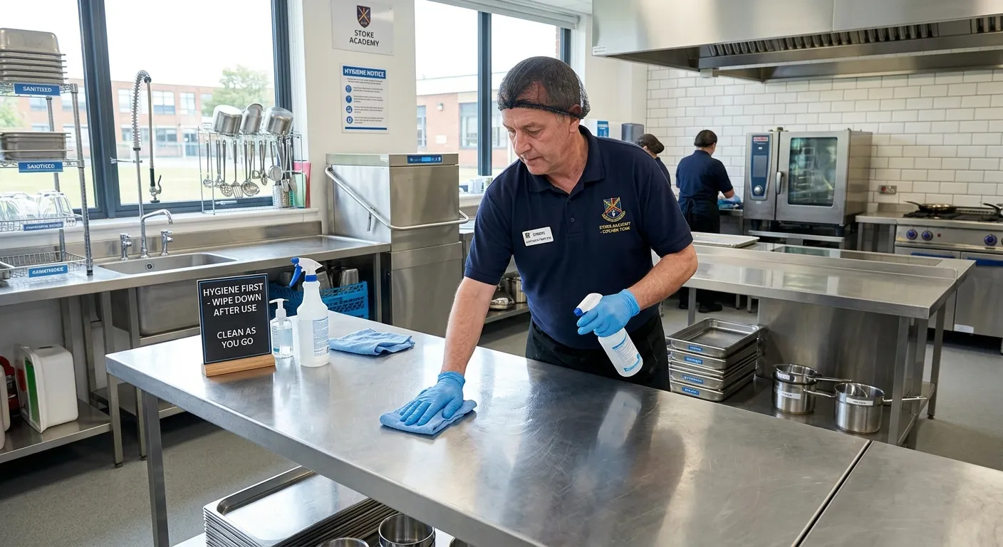 A clean, modern school kitchen in Stoke-on-Trent, showing a kitchen porter in uniform wiping down stainless steel surfaces, with a focus on hygiene and a bright, organised environment.