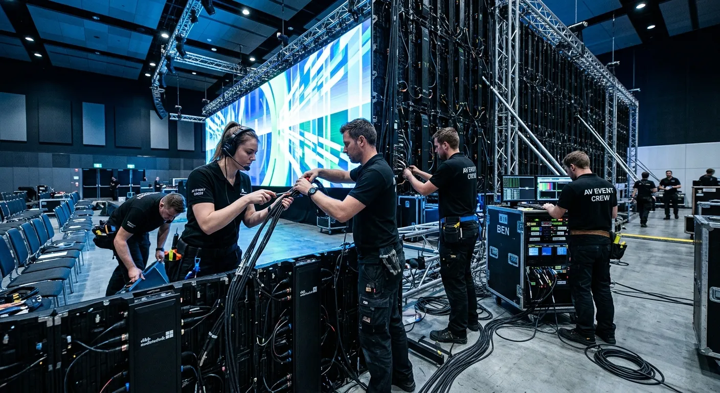 A dynamic, high-energy shot of a professional AV technician team setting up a large-scale video wall... A dynamic, high-energy shot of a professional AV technician team setting up a large-scale video wall and sound system in a modern conference hall. The mood is focused, technical, and collaborative, with a color palette of cool blues and sharp contrasts.