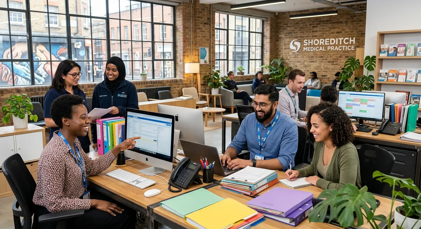 A professional, diverse group of healthcare administrative staff working collaboratively in a modern... A professional, diverse group of healthcare administrative staff working collaboratively in a modern, bright medical practice in Shoreditch. They are smiling and engaged with computers and paperwork, conveying efficiency and a positive team atmosphere.