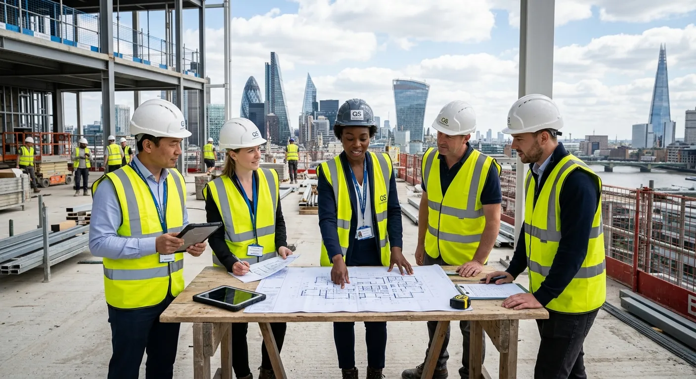 A professional, diverse group of Quantity Surveyors and construction professionals reviewing plans o... A professional, diverse group of Quantity Surveyors and construction professionals reviewing plans on a modern building site in Central London, with the London skyline in the background. Style: Professional, realistic, aspirational. Mood: Collaborative, expert, and forward-thinking.