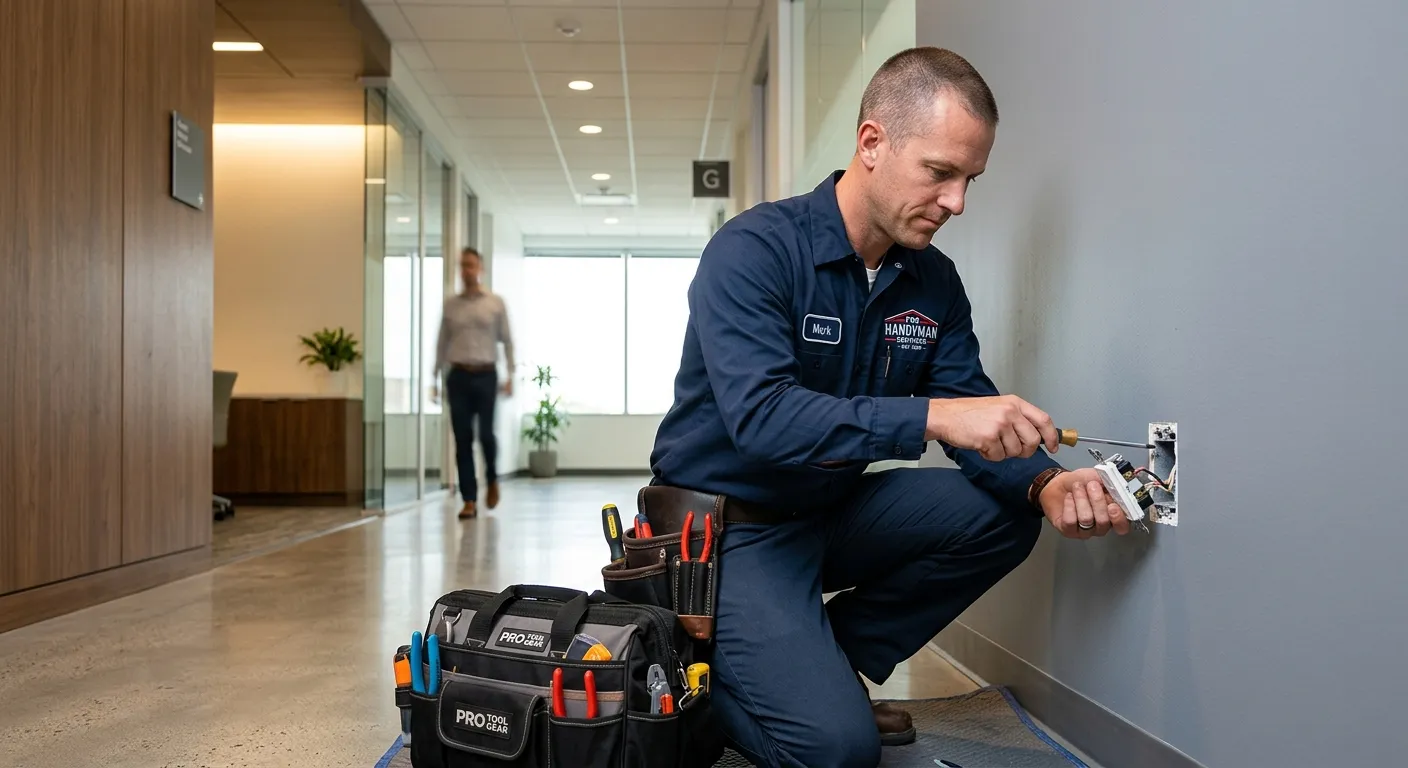A professional, well-lit photo of a skilled commercial handyman in a modern office building, perform... A professional, well-lit photo of a skilled commercial handyman in a modern office building, performing a repair on a wall-mounted electrical outlet. They are wearing a clean uniform with a company logo, using professional tools. The mood is competent, efficient, and trustworthy.