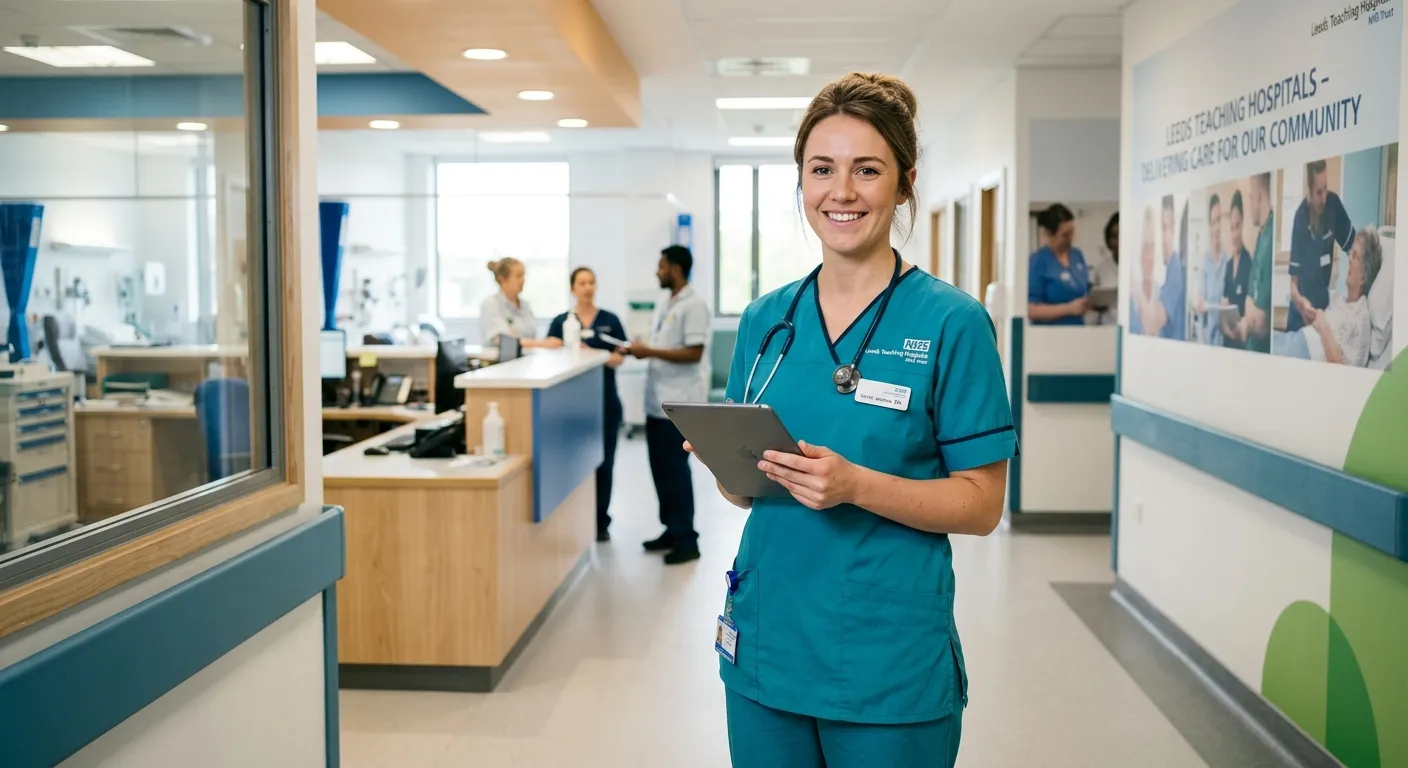 A professional, confident Registered Nurse in modern hospital scrubs, smiling warmly while holding a digital tablet, standing in a bright, clean medical facility in Leeds. The image conveys trust, competence, and a human touch.