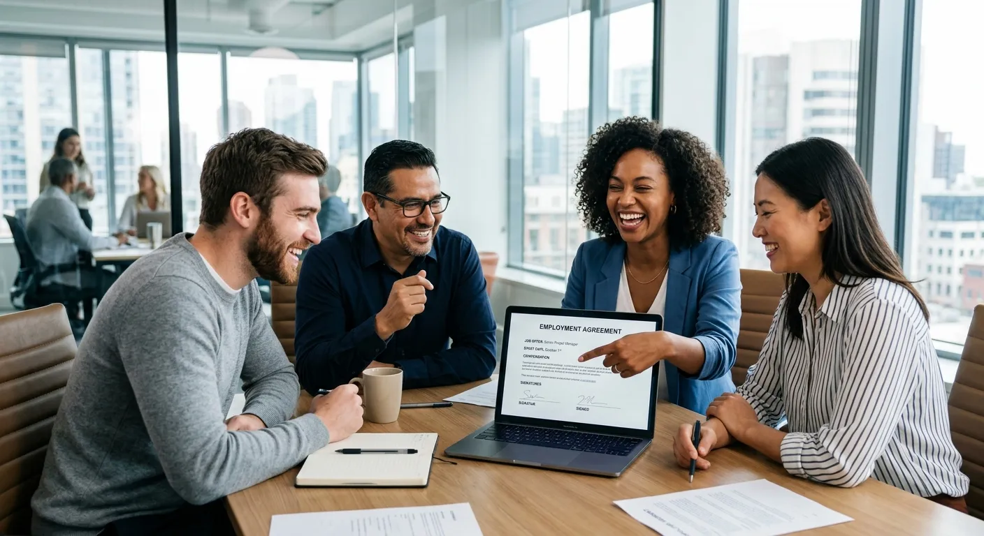 A modern, diverse group of professionals in a bright office, smiling and collaborating. One person is pointing at a laptop screen showing a contract, symbolizing a job offer or transition. Style: Bright, optimistic, professional photography.
