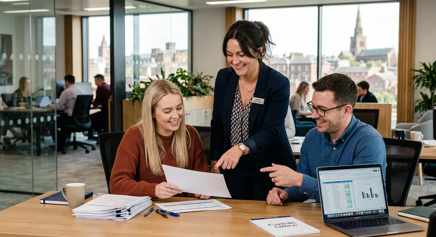 A professional, candid photo of an Office Manager in a modern Carlisle office setting, smiling while... A professional, candid photo of an Office Manager in a modern Carlisle office setting, smiling while assisting two colleagues at a desk with paperwork and a laptop, showcasing a collaborative environment.