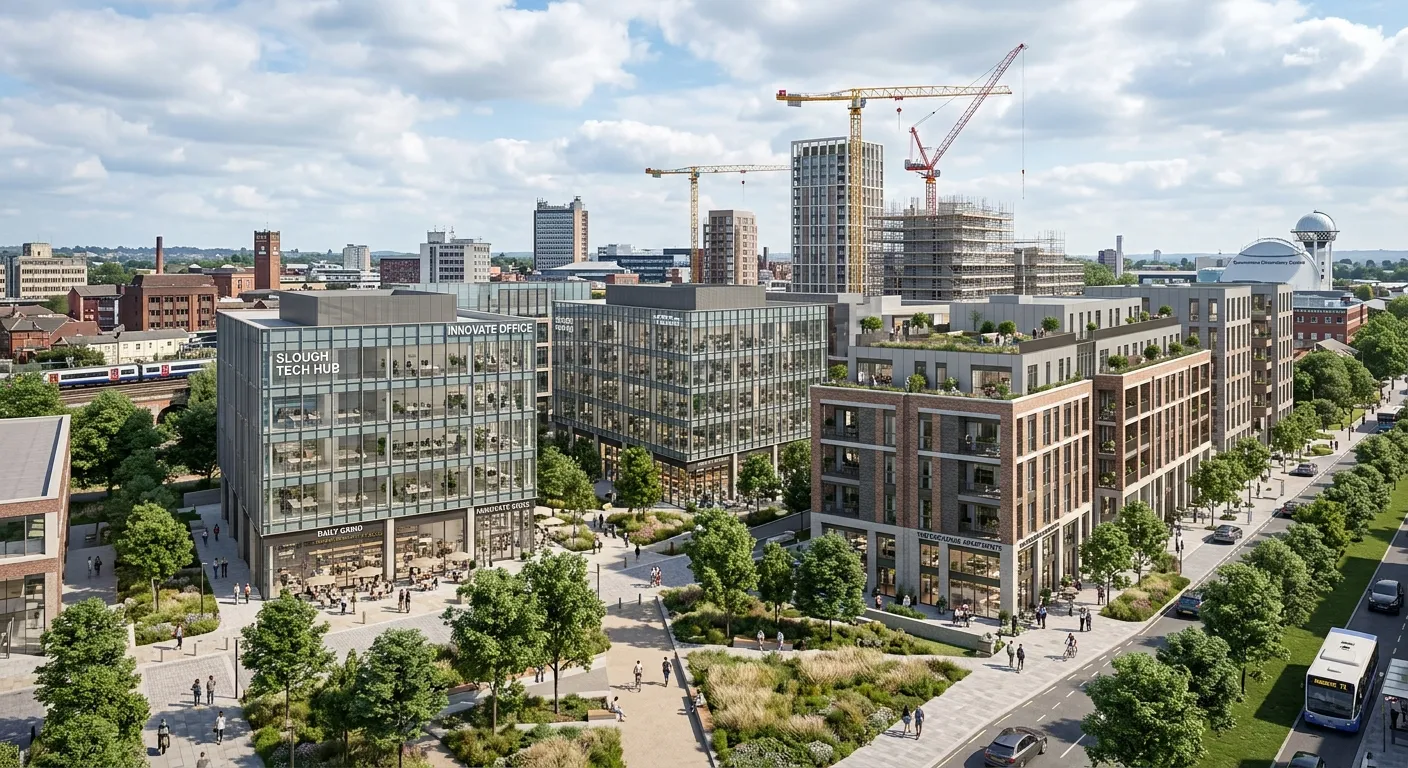 A professional architectural rendering of a modern mixed-use development in Slough, showing commercial glass-fronted buildings, residential blocks, and green public spaces, with construction cranes in the background