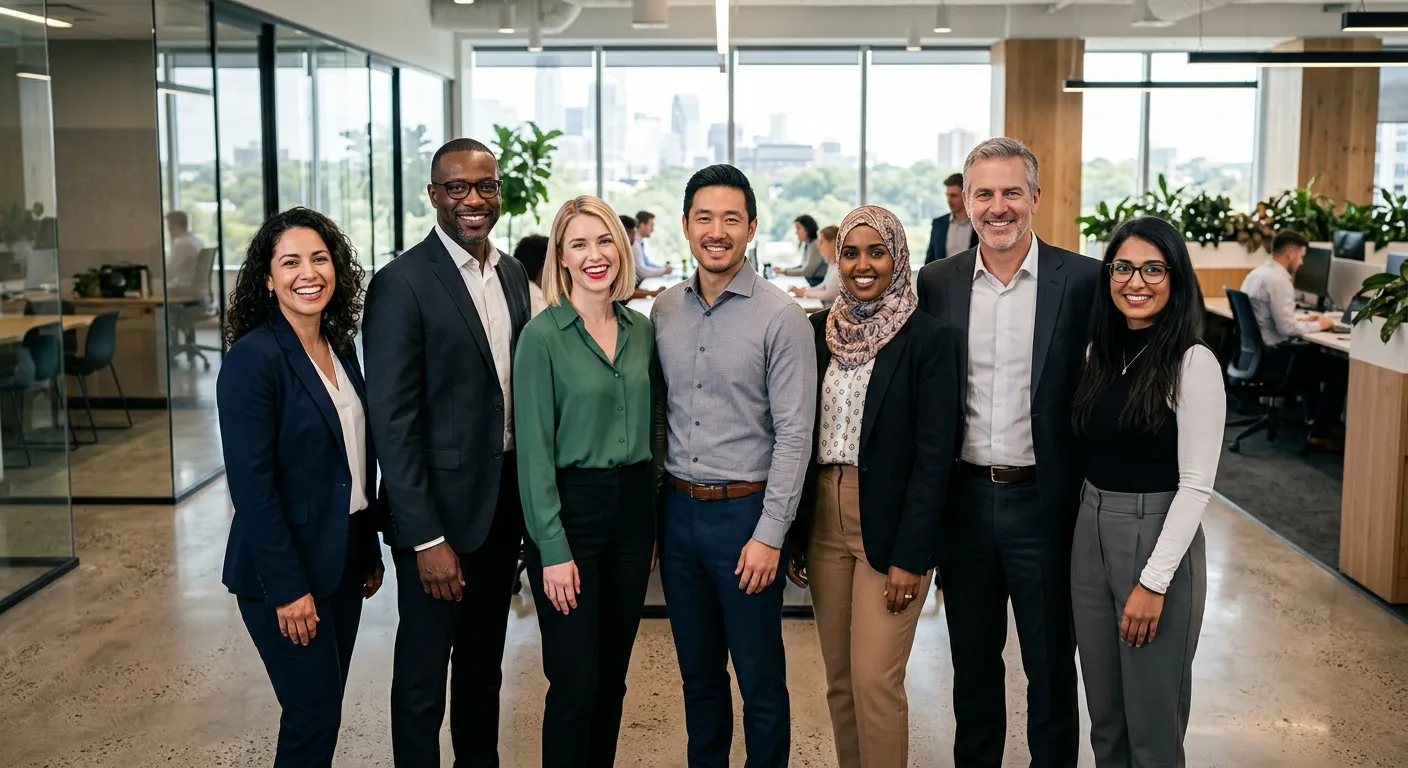 A diverse group of professional, smiling employees in a modern office setting, looking at camera with confidence. Professional corporate photography style.