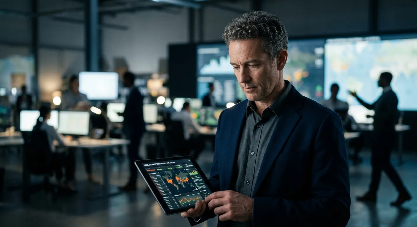 A professional, slightly blurred background of a modern, busy office or warehouse control room with... A professional, slightly blurred background of a modern, busy office or warehouse control room with people working efficiently. Overlay focuses on a manager looking confidently at a tablet, symbolizing control in a crisis. Moody, focused lighting.