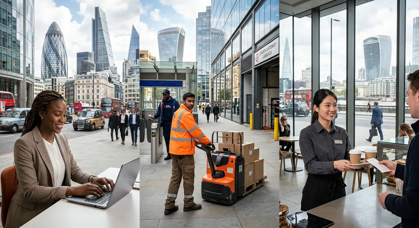 Modern London business district with diverse temporary workers in office, warehouse, hospitality, an... Modern London business district with diverse temporary workers in office, warehouse, hospitality, and transport roles, professional bright photography, confident and efficient mood