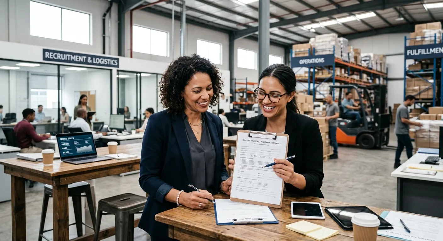 A professional, high-energy business scene in a modern office or warehouse, showing a manager and a... A professional, high-energy business scene in a modern office or warehouse, showing a manager and a staffing agency consultant reviewing documents and smiling. Style: Authentic, professional stock photo with a focus on collaboration. Mood: Confident, solution-oriented.