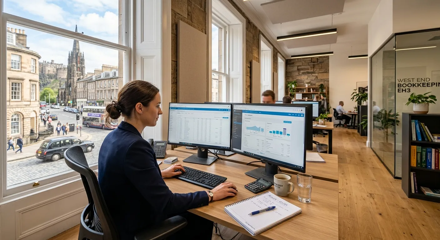 A professional, modern office interior on a street in Edinburgh's West End (EH3), with a focused bookkeeper working on dual monitors showing accounting software, a notepad, and a coffee. The style is bright, realistic, and aspirational.