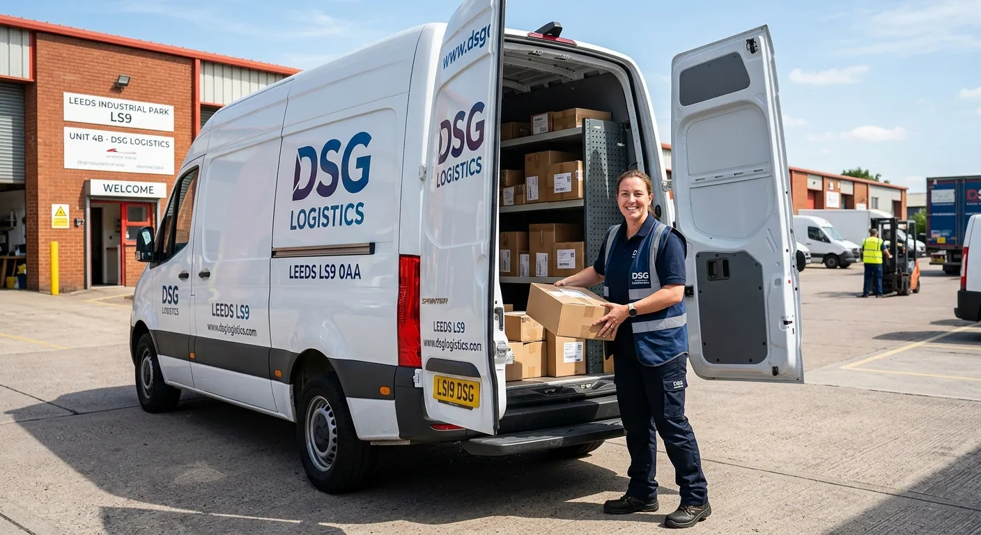 Professional hero image of a smiling van driver in a clean uniform loading packages into a modern van outside a Leeds LS9 industrial estate. Bright, clear day, professional and trustworthy mood.
