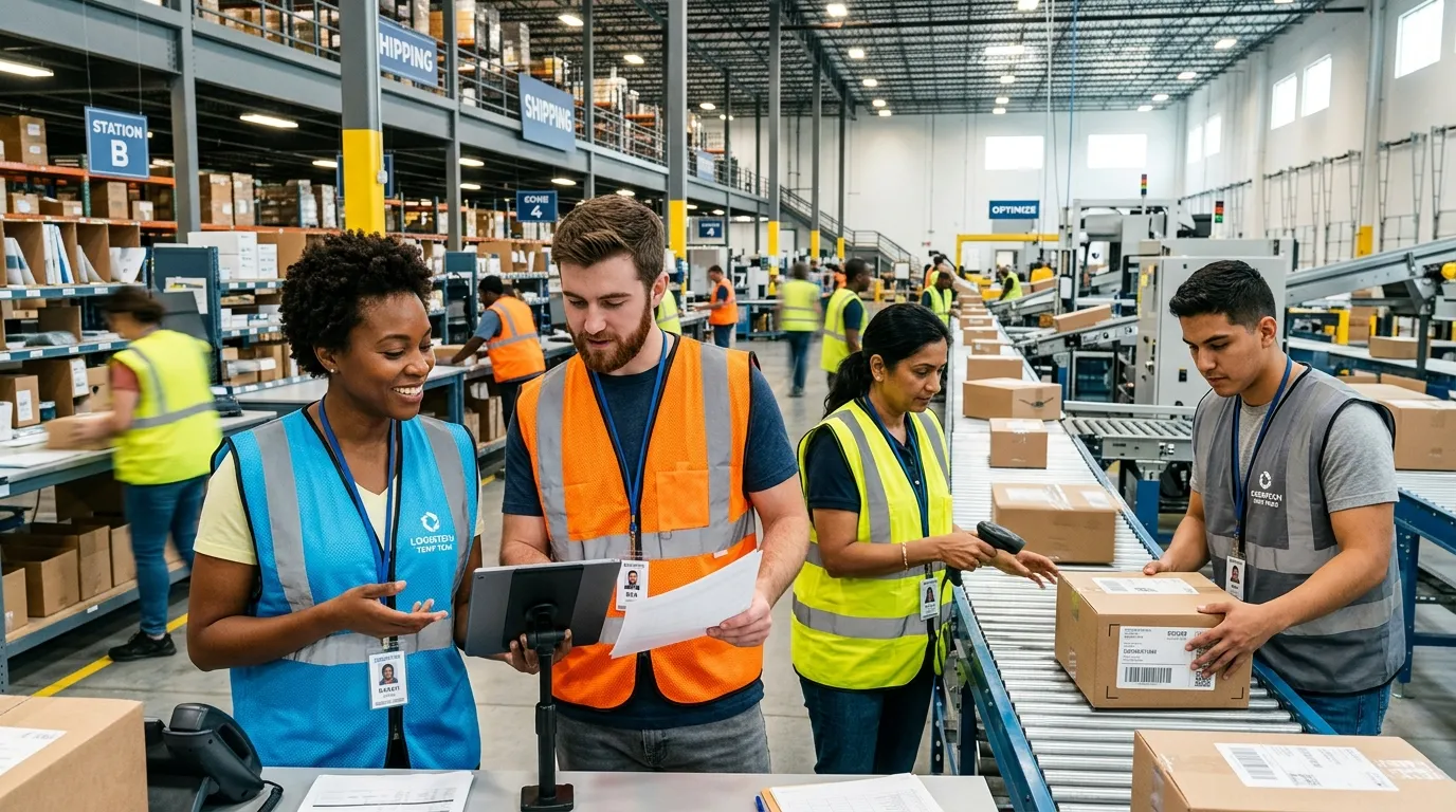 A dynamic, professional hero image featuring a diverse group of temporary workers in a modern workplace, such as a tech office or logistics hub, looking engaged and productive. Style should be high-energy, bright, and convey urgency and teamwork. Mood: Confident, efficient, and solution-oriented.