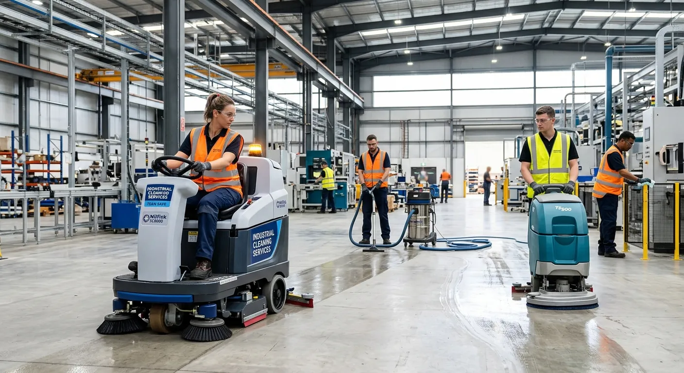 A professional, high-resolution image of a team of industrial cleaners in high-visibility vests and... A professional, high-resolution image of a team of industrial cleaners in high-visibility vests and safety gear efficiently cleaning a large, well-lit factory floor. The mood is professional, safe, and productive. Focus on modern cleaning equipment.