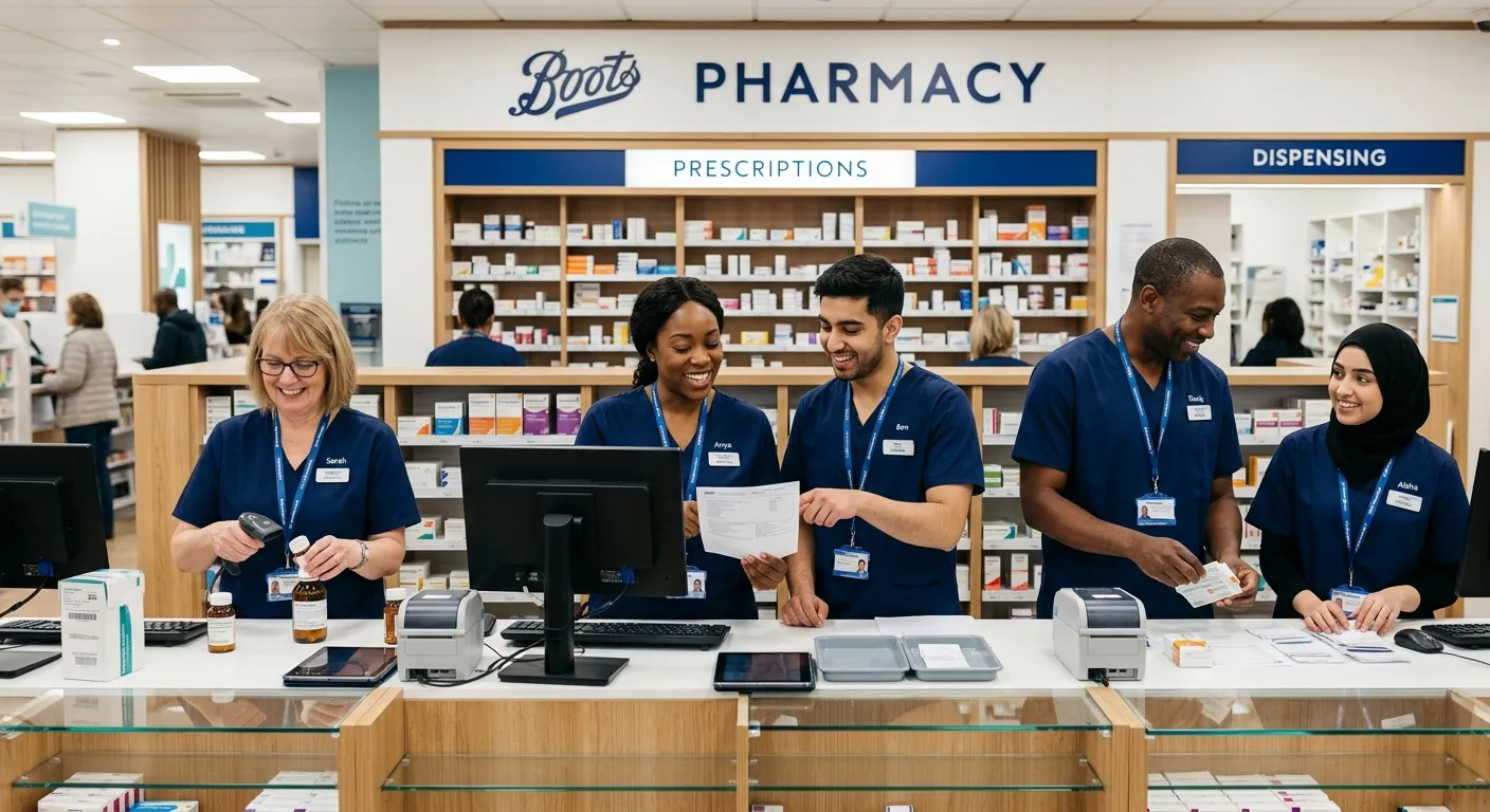 A professional, diverse group of pharmacy technicians and assistants in a modern London pharmacy set... A professional, diverse group of pharmacy technicians and assistants in a modern London pharmacy setting, smiling and collaborating. Style: Bright, realistic, professional healthcare environment. Mood: Efficient, trusted, and team-oriented.