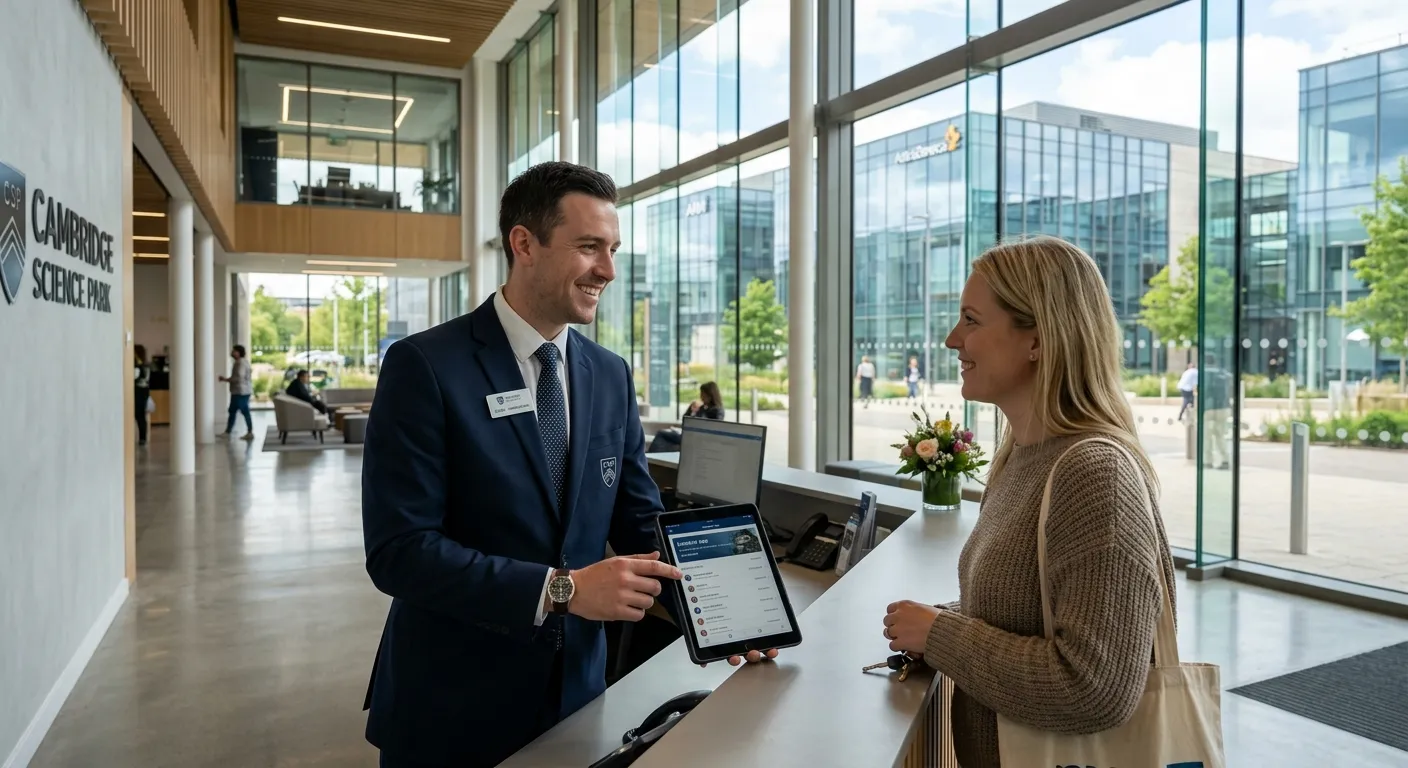 A professional concierge in a modern lobby within the Cambridge Science Park area, wearing a sharp u... A professional concierge in a modern lobby within the Cambridge Science Park area, wearing a sharp uniform, handling a digital tablet while smiling at a resident, with glass-fronted buildings visible through the window.