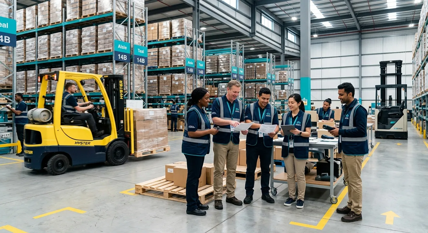 modern logistics warehouse with forklifts, pallets, and diverse staff collaborating, bright professional photography, teal and dark navy color accents, clean high-contrast mood