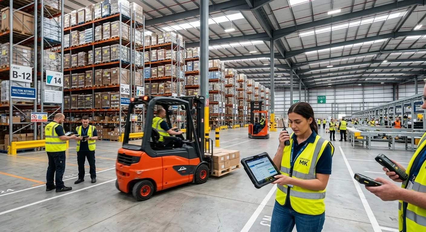 A modern, dynamic shot of a bustling, well-organized distribution centre in Milton Keynes, featuring... A modern, dynamic shot of a bustling, well-organized distribution centre in Milton Keynes, featuring staff in high-visibility vests coordinating with forklifts and digital tablets, conveying efficiency and scale.