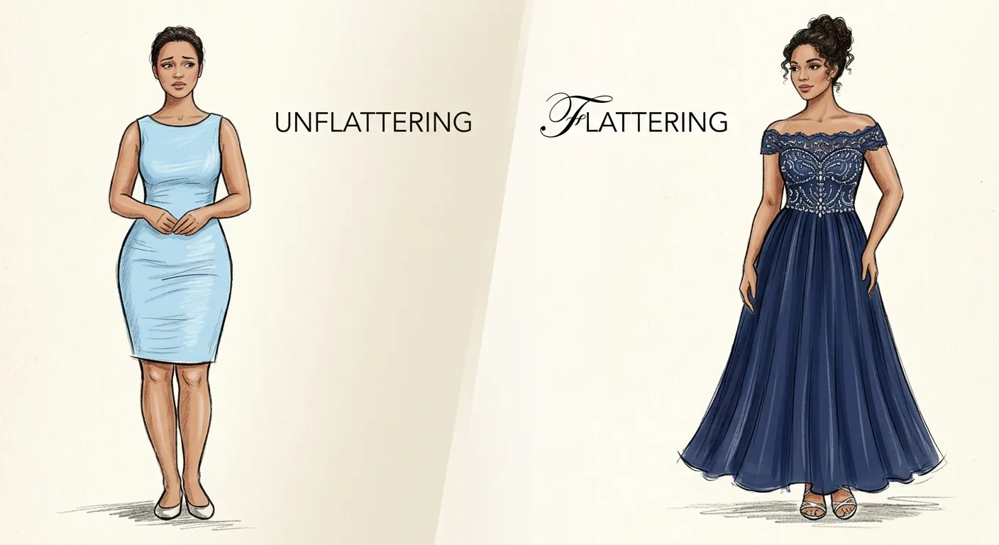 Side-by-side illustration showing a pear-shaped figure. Left: an unflattering, tight sheath dress. Right: a flattering A-line gown with an embellished off-the-shoulder bodice.