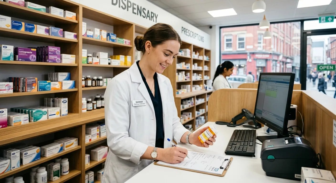 A professional, well-lit photograph of a modern pharmacy dispensary in Leeds, with a friendly Pharmacy Technician in a white coat carefully checking medication labels against a prescription. Style: Authentic, welcoming, and focused on healthcare professionalism.