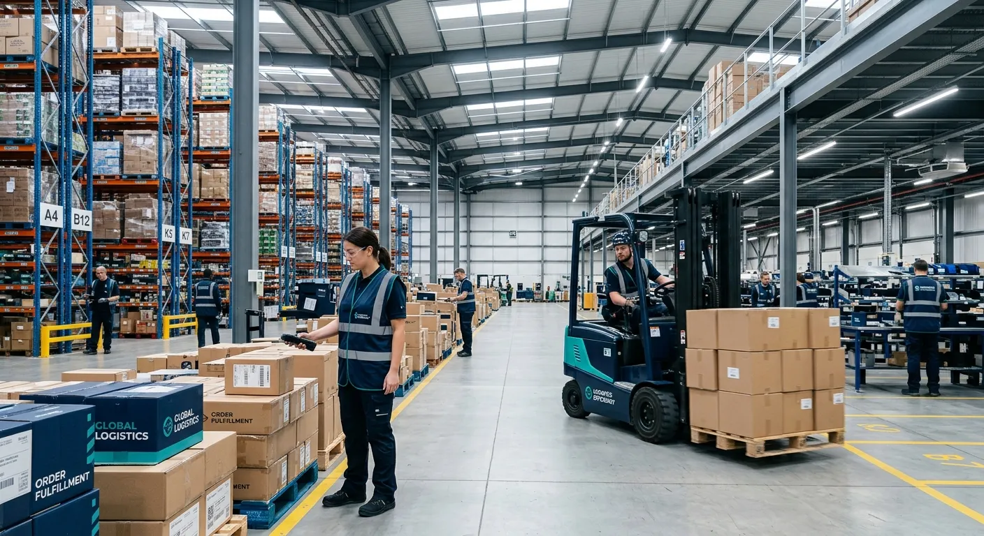 Modern industrial warehouse and fulfillment centre scene, clean bright lighting, workers in high-vis... Modern industrial warehouse and fulfillment centre scene, clean bright lighting, workers in high-visibility vests operating forklifts and scanning packages, professional corporate photography, teal and dark blue brand accents, confident and efficient mood