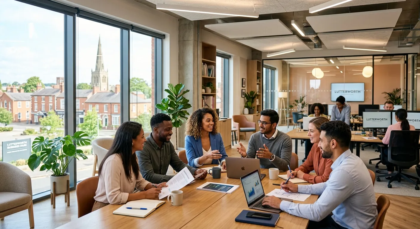 Professional, welcoming image of a modern office in Lutterworth, with a diverse team collaborating in the background. Style: Bright, professional, and inviting. Mood: Productive and organised.