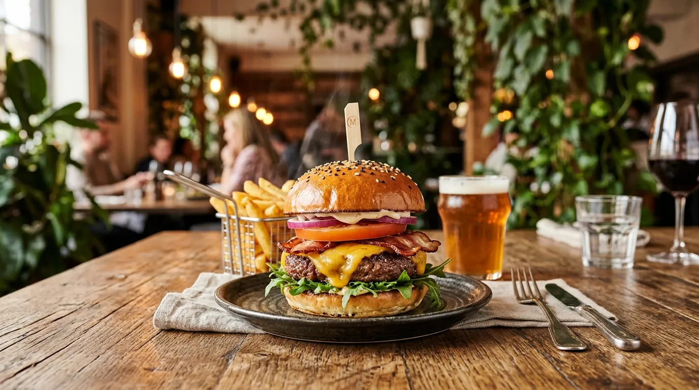 Modern editorial hero image of a gourmet burger on a wooden table with warm restaurant lighting, blu... Modern editorial hero image of a gourmet burger on a wooden table with warm restaurant lighting, blurred green room decor, professional food photography, inviting mood