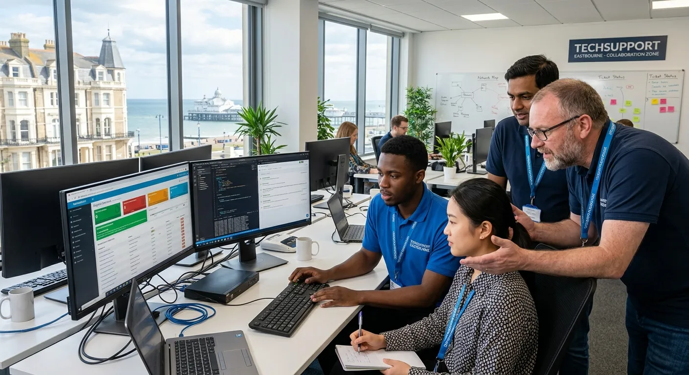 A diverse team of professional IT Support Technicians collaborating in a modern, bright office environment in Eastbourne. They are focused on computer screens and helping a colleague. Style: Professional, welcoming, high-resolution stock photo. Mood: Competent, collaborative, and efficient.