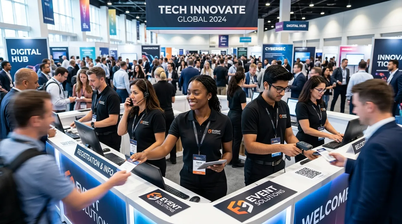 A dynamic, professional hero image showing a diverse team of event staff in branded attire, working efficiently at a busy conference or exhibition. Style: Modern, high-energy, professional. Mood: Urgent, reliable, and seamless.