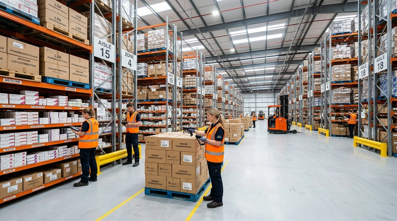 A dynamic, wide-angle shot inside a modern, clean pharmaceutical warehouse in LS9, showing staff in high-vis vests using handheld scanners amidst tall, orderly shelving units stocked with medical boxes.