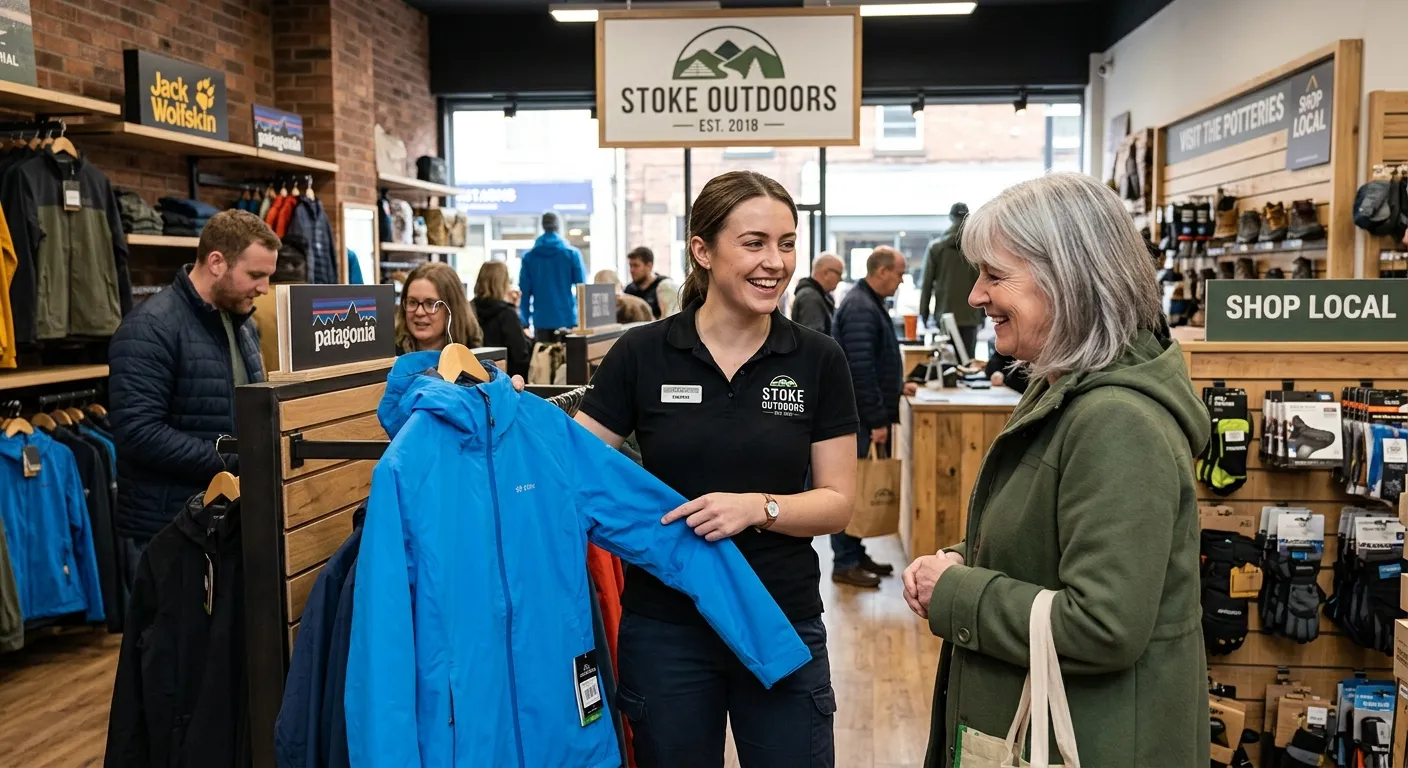 A professional, friendly Sales Assistant in a modern retail environment in Stoke-on-Trent, engaging with a customer and showcasing a product. The image should feel local, welcoming, and active.