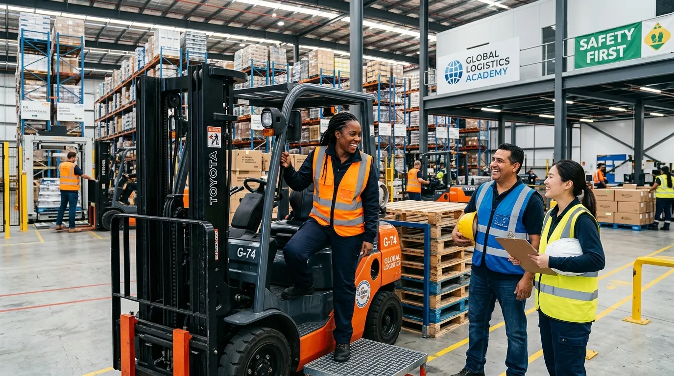 A dynamic, professional hero image showing a diverse group of forklift operators in a modern, well-l... A dynamic, professional hero image showing a diverse group of forklift operators in a modern, well-lit international warehouse. One operator, smiling and wearing a high-visibility vest, is stepping down from a forklift. The mood is aspirational and empowering, highlighting a pathway to skilled work.