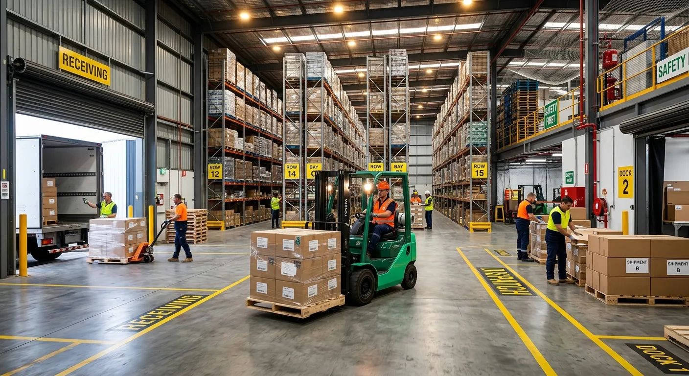 A modern warehouse scene showing goods being received and dispatched, with bright safety lighting, o... A modern warehouse scene showing goods being received and dispatched, with bright safety lighting, organized racking, pallets, and a forklift operator moving stock in a professional, high-contrast industrial environment.