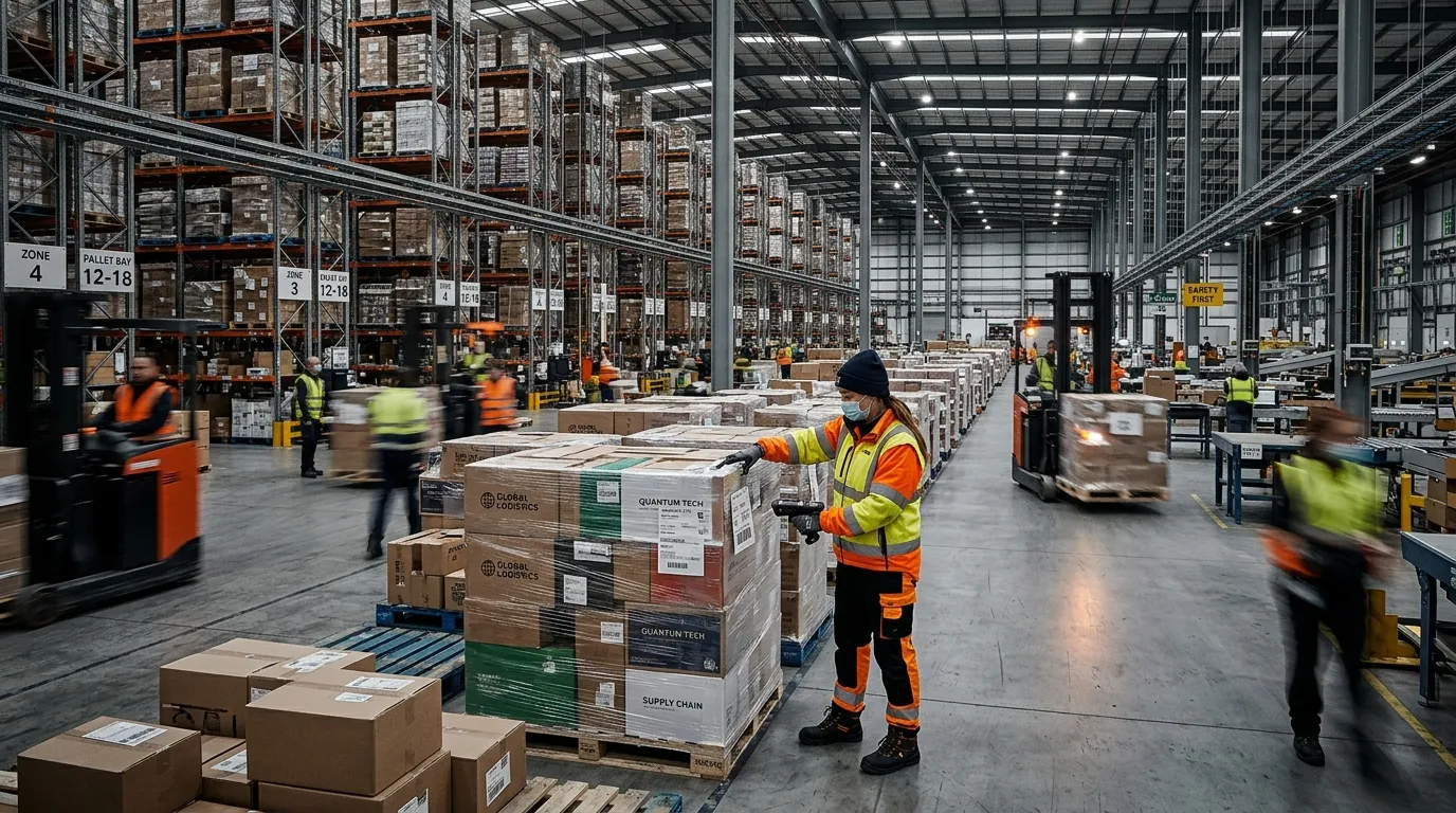 A dynamic, wide-angle shot of a modern, busy warehouse. A Goods Clearer in high-visibility clothing... A dynamic, wide-angle shot of a modern, busy warehouse. A Goods Clearer in high-visibility clothing is expertly scanning and organising pallets with a handheld scanner. The image should convey efficiency, scale, and modern logistics technology. Professional, crisp, and slightly desaturated to fit the dark hero section.