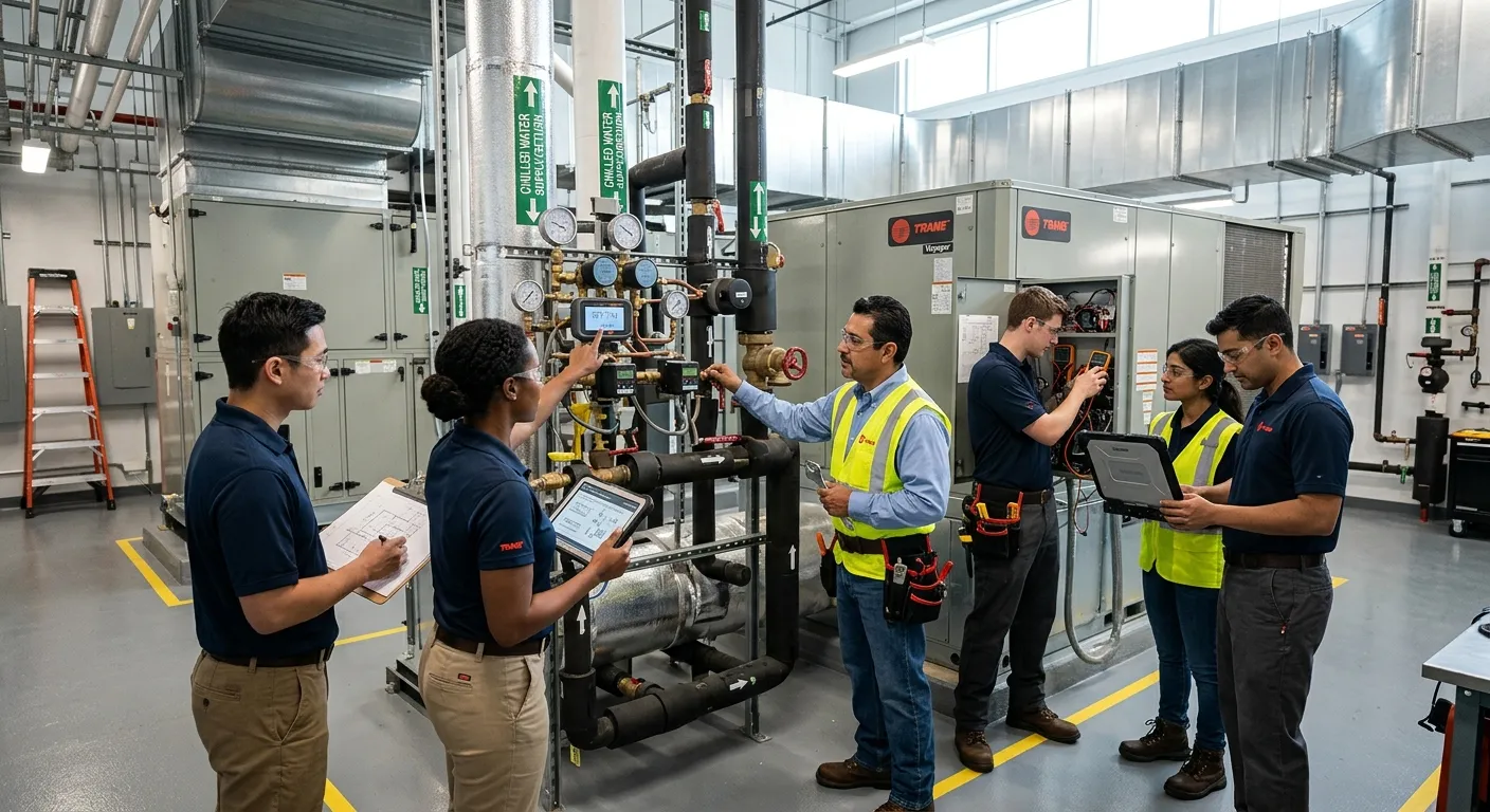 A professional, high-resolution image of a diverse team of HVAC technicians and engineers collaborating on a modern commercial HVAC system in a well-lit mechanical room, showcasing teamwork and technical expertise.