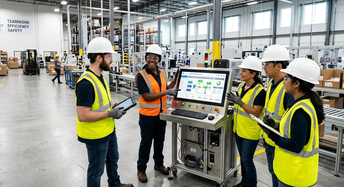 Modern, high-energy photograph of a diverse team of industrial workers in a clean, well-organized wa... Modern, high-energy photograph of a diverse team of industrial workers in a clean, well-organized warehouse or manufacturing facility. They are wearing high-visibility vests and safety gear, collaborating around machinery or a logistics console. The mood is professional, efficient, and dynamic, with a focus on teamwork and modern industry.