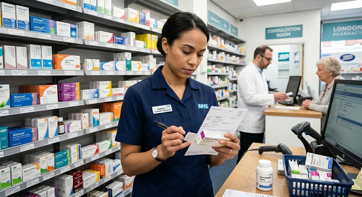 A mid-shot of a professional Pharmacy Technician in a modern London pharmacy dispensary, wearing a c... A mid-shot of a professional Pharmacy Technician in a modern London pharmacy dispensary, wearing a crisp uniform, confidently performing an accuracy check on a prescription label with a focused expression. The background shows organised medicine shelves and a blurred pharmacist in consultation.