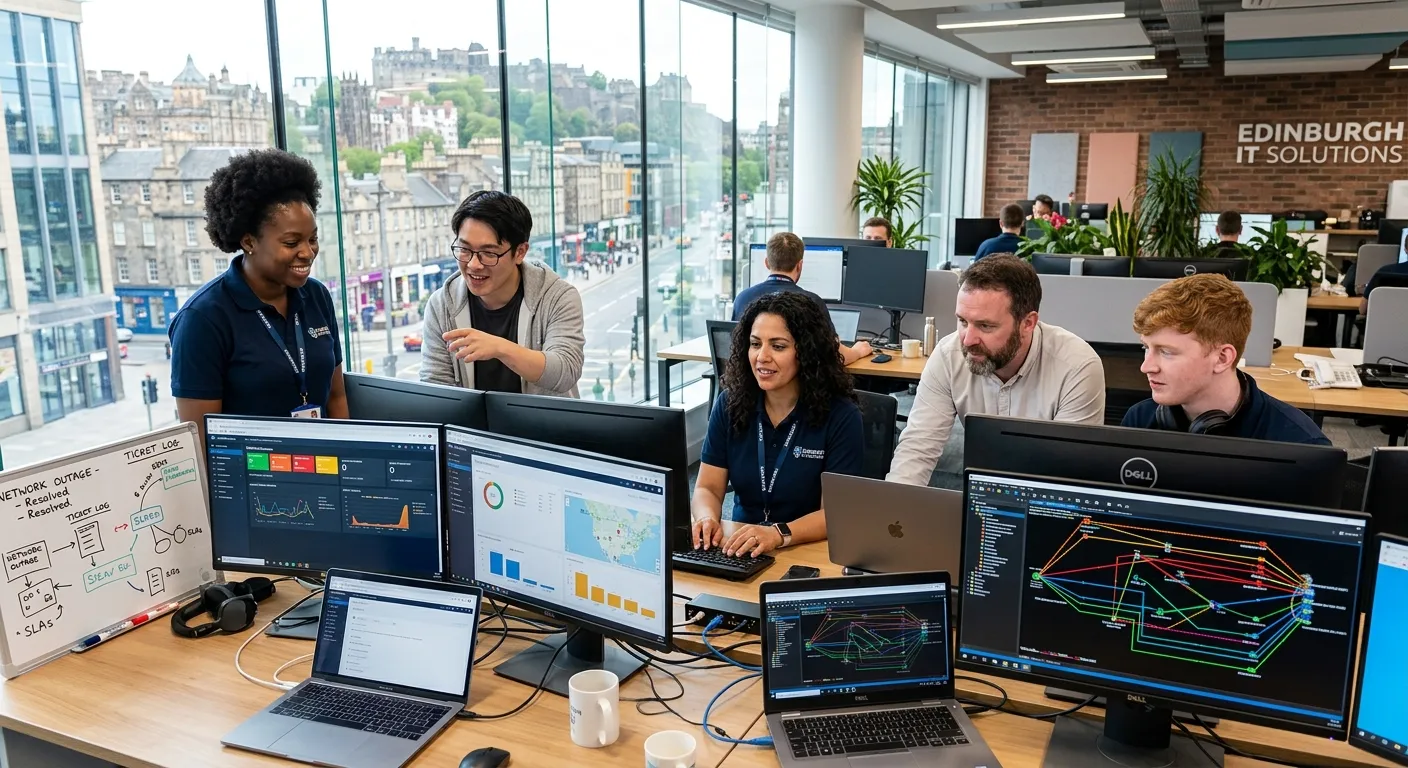 A professional, diverse group of IT support technicians collaborating in a modern, bright office in Edinburgh city centre, with visible monitors showing service desk dashboards and network diagrams.