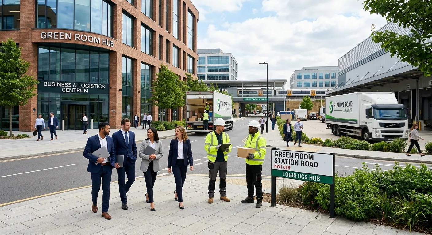 A dynamic, professional photo of a modern business district or logistics hub, representing Green Roo... A dynamic, professional photo of a modern business district or logistics hub, representing Green Room Station Road. The image should have a crisp, professional tone with people in business attire and logistics workers, symbolizing a blend of corporate and industrial staffing.