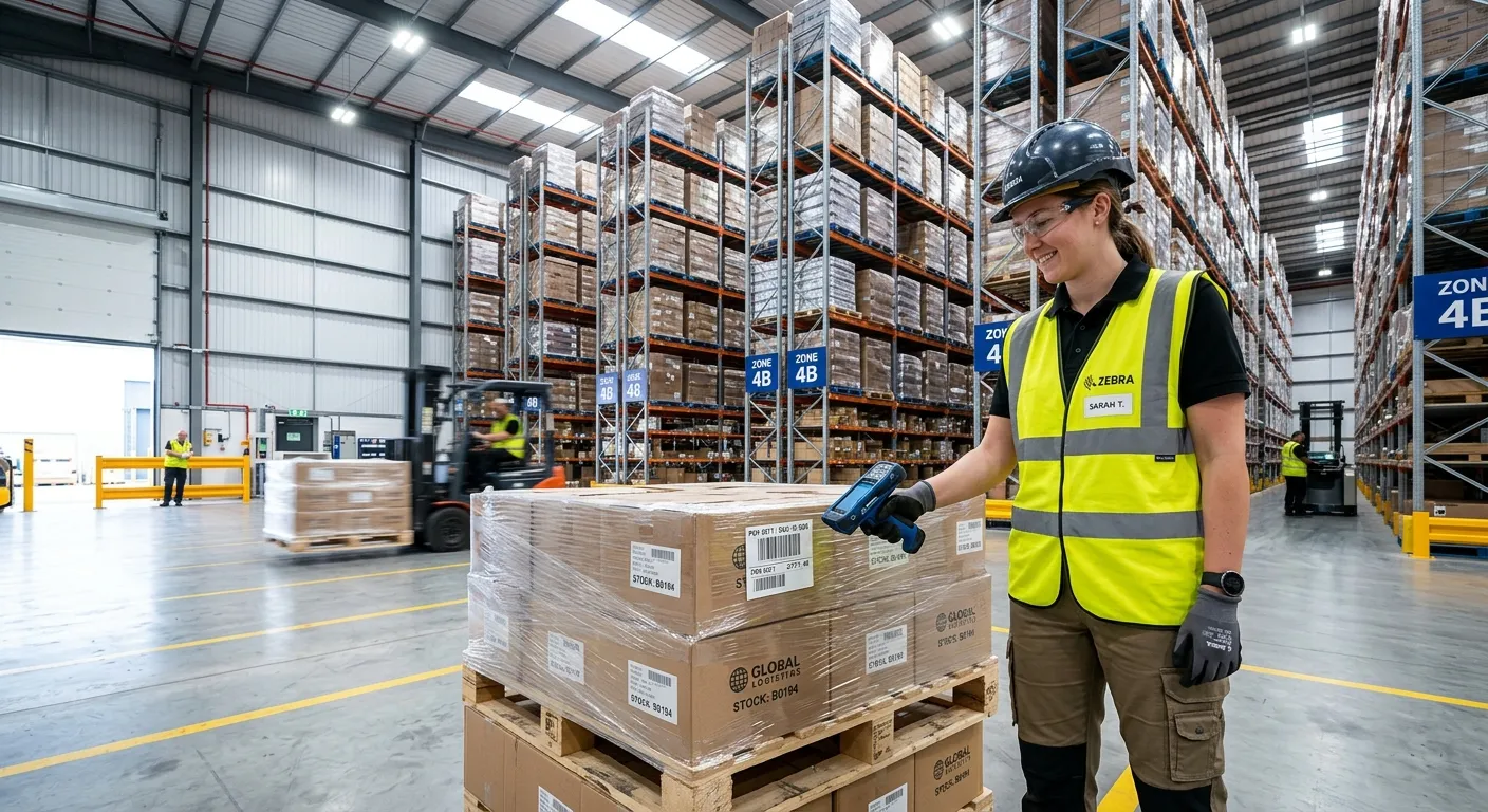 A professional Goods In Out Operative in a modern, high-bay warehouse, scanning a pallet with a hand... A professional Goods In Out Operative in a modern, high-bay warehouse, scanning a pallet with a handheld device. The scene is bright, clean, and dynamic, showcasing efficiency and technology.
