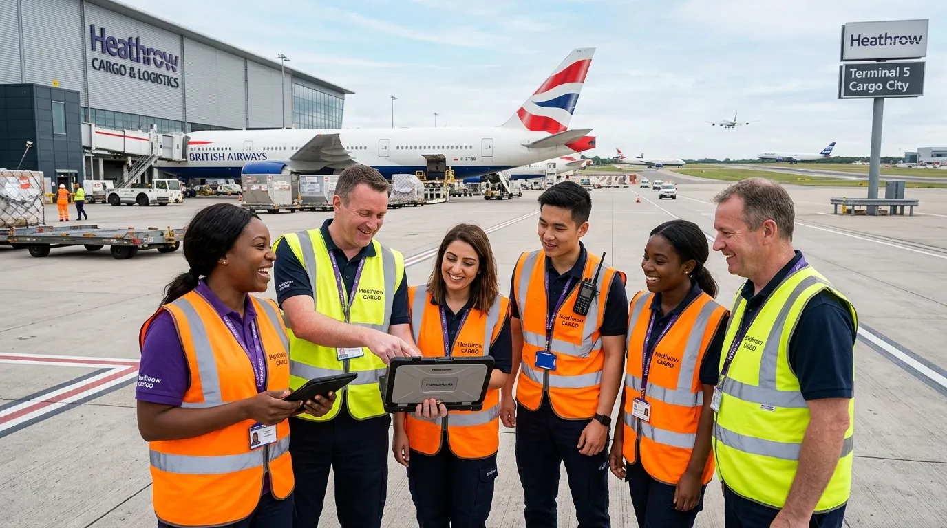 A dynamic, professional hero image showing a diverse group of airport and logistics staff in high-visibility vests, smiling and collaborating in a modern Heathrow cargo or terminal background. Style: Bright, optimistic, and professional.