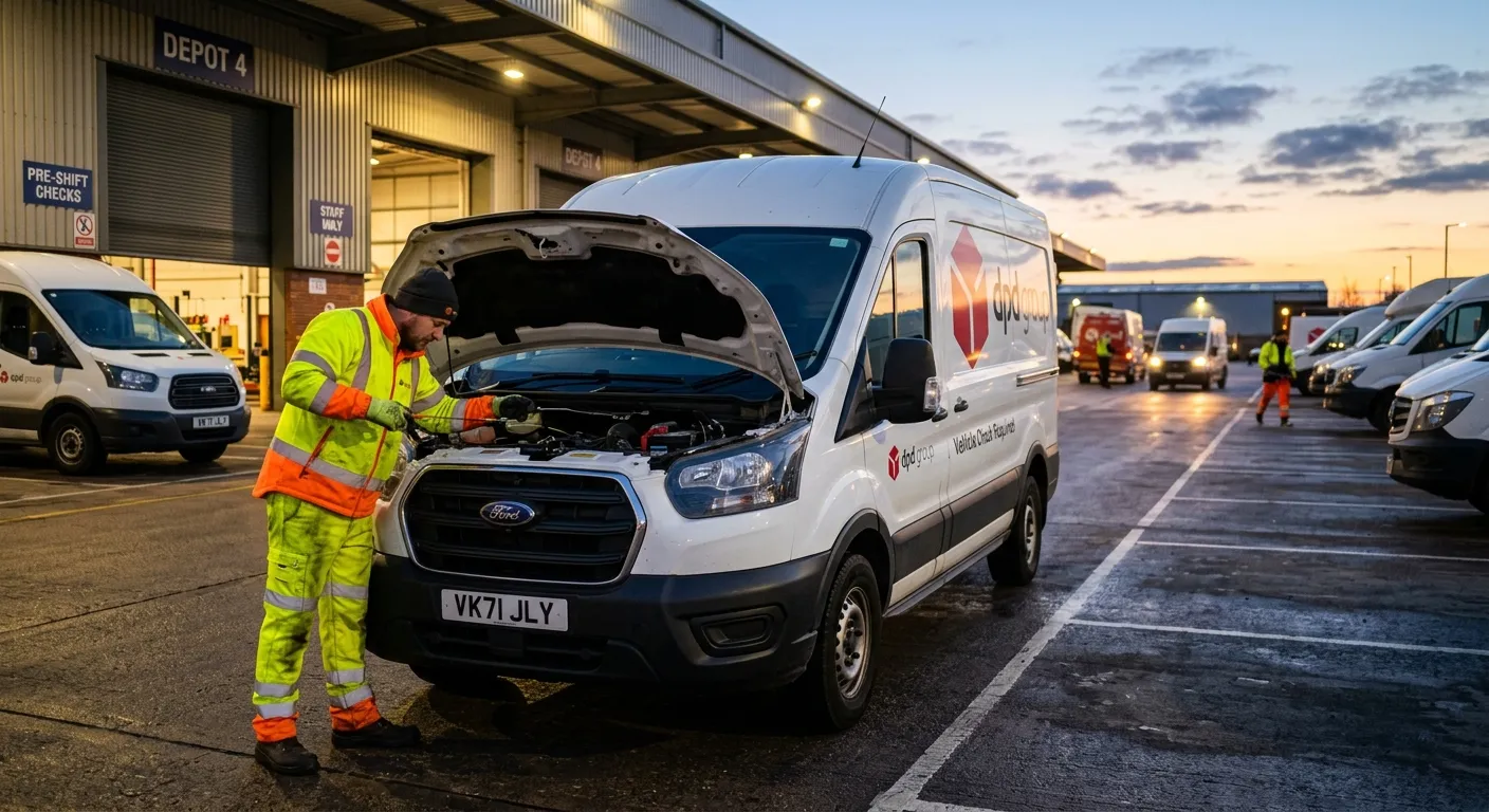 A driver in high-visibility clothing performing a pre-shift vehicle check on a white van in an early morning depot.