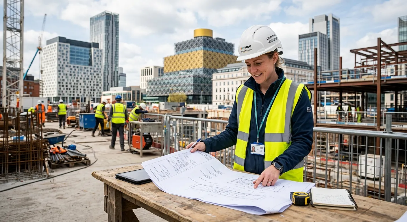 A professional, confident Quantity Surveyor in a high-vis vest and hard hat, reviewing construction... A professional, confident Quantity Surveyor in a high-vis vest and hard hat, reviewing construction plans on-site in Birmingham, with modern buildings in the background. Style is realistic, professional, and inspiring.