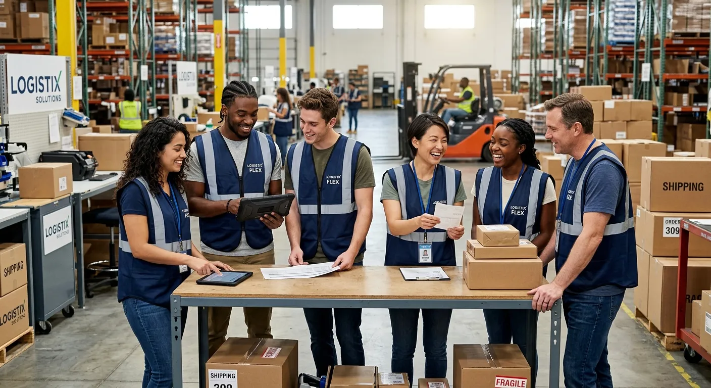 A dynamic, professional photo of a diverse group of temporary workers in a modern office or warehous... A dynamic, professional photo of a diverse group of temporary workers in a modern office or warehouse setting, smiling and collaborating. The mood is energetic, reliable, and solution-oriented.