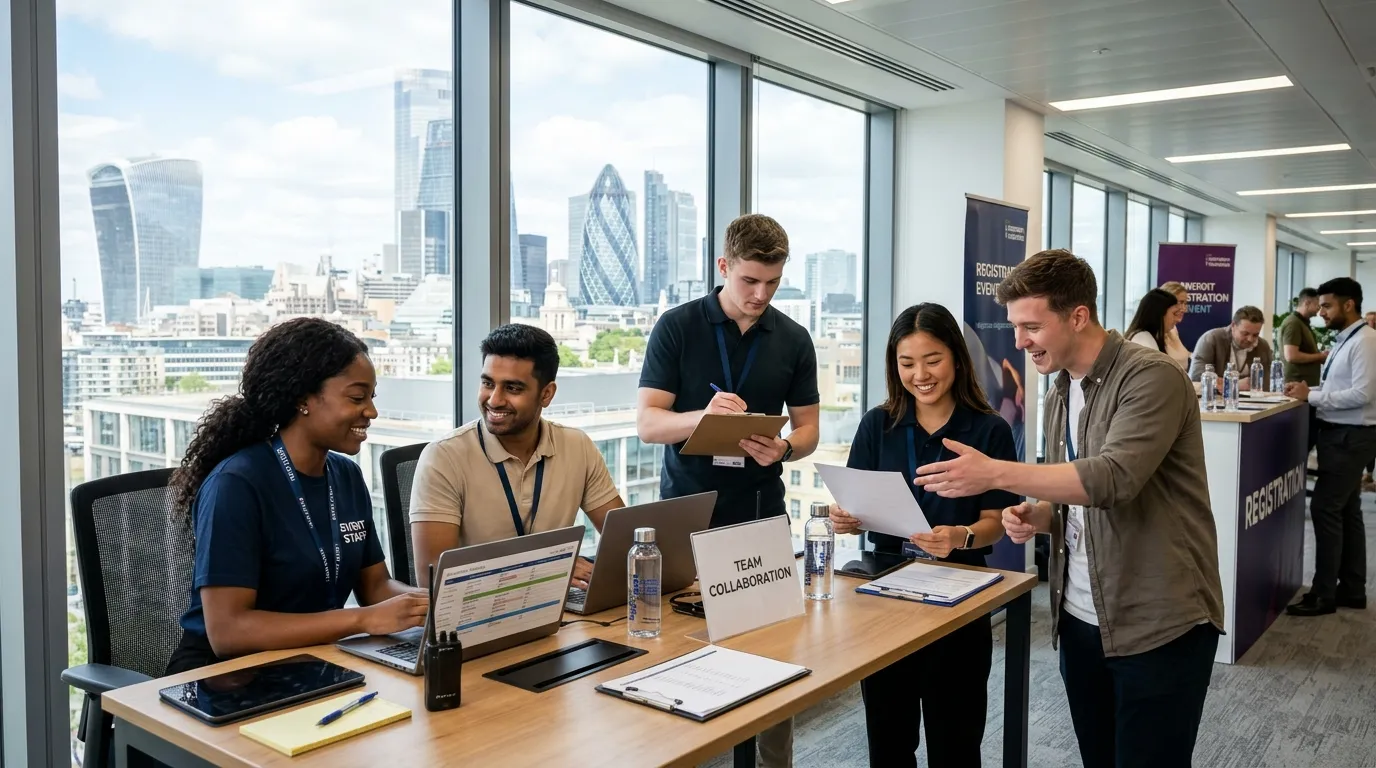 Modern professional hero image showing a diverse team of temporary staff working collaboratively in a bright London office or event setting, with iconic London skyline subtly visible through a window. Professional, energetic, and efficient mood.