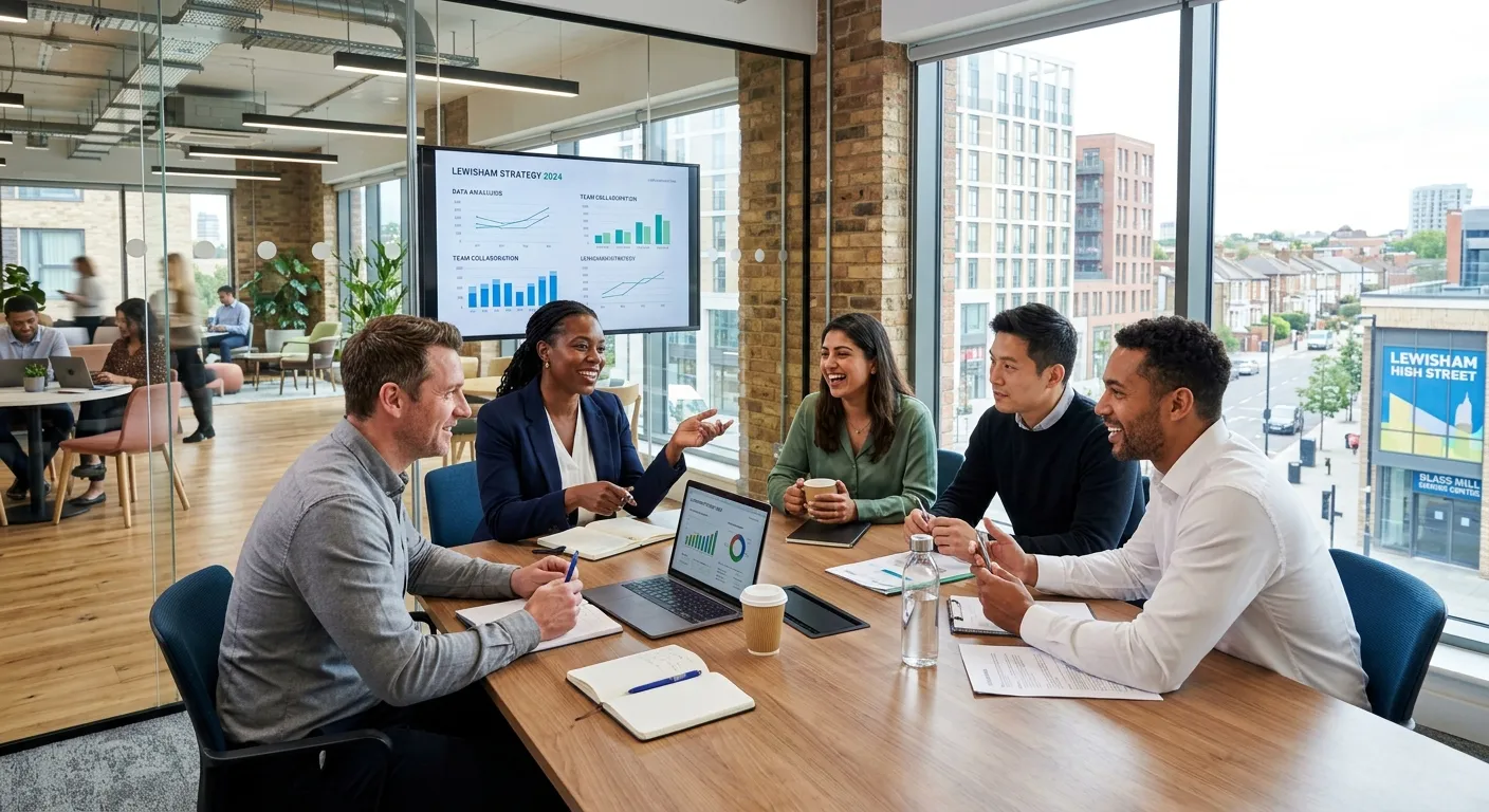 A professional, dynamic photo of a diverse team of business professionals collaborating in a modern,... A professional, dynamic photo of a diverse team of business professionals collaborating in a modern, bright office in Lewisham, with a focus on teamwork and productivity. Style: Bright, sharp, professional. Mood: Energetic, successful, collaborative.