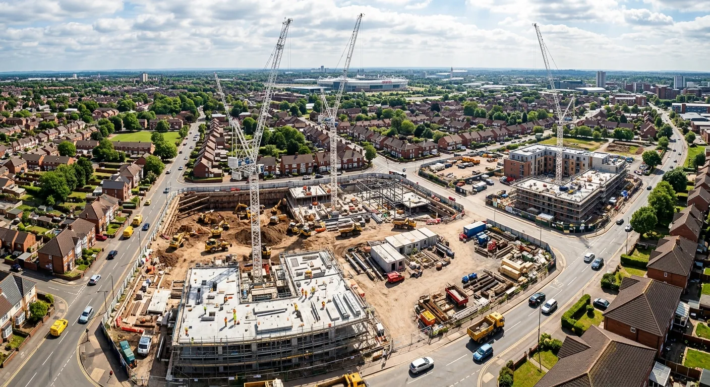 A dynamic aerial drone photo showcasing multiple active construction sites within the Coventry CV3 postcode area, with cranes and bustling site activity visible