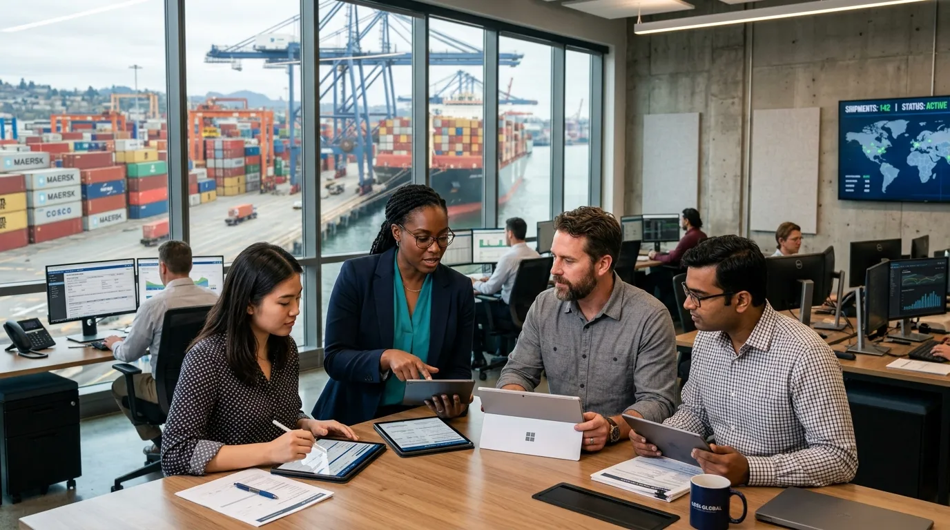 A dynamic, professional hero image showing a diverse team in a modern logistics office, reviewing cu... A dynamic, professional hero image showing a diverse team in a modern logistics office, reviewing customs documents on digital tablets. The mood is efficient, focused, and high-tech, with a blur of global shipping containers visible through a window.