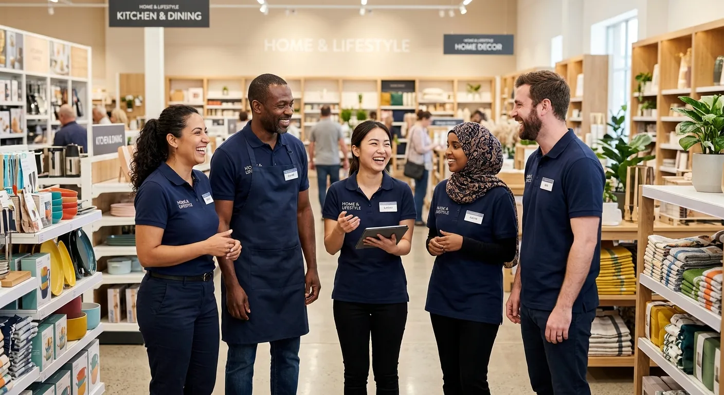 A friendly, diverse team of retail assistants smiling and talking in a modern, well-lit store aisle, wearing branded uniforms.