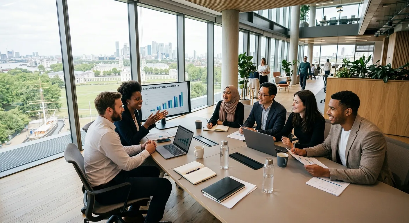 Modern, professional office setting in Greenwich with diverse team members collaborating, viewed fro... Modern, professional office setting in Greenwich with diverse team members collaborating, viewed from a low angle with natural light, conveying partnership and success.