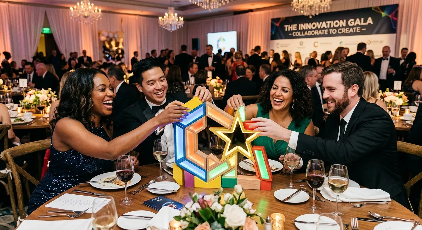 A dynamic, well-composed photograph of a diverse group of professionals at a gala, laughing and coll... A dynamic, well-composed photograph of a diverse group of professionals at a gala, laughing and collaboratively assembling a abstract structure from colored blocks and lights on a dinner table, representing the logo-building activity.